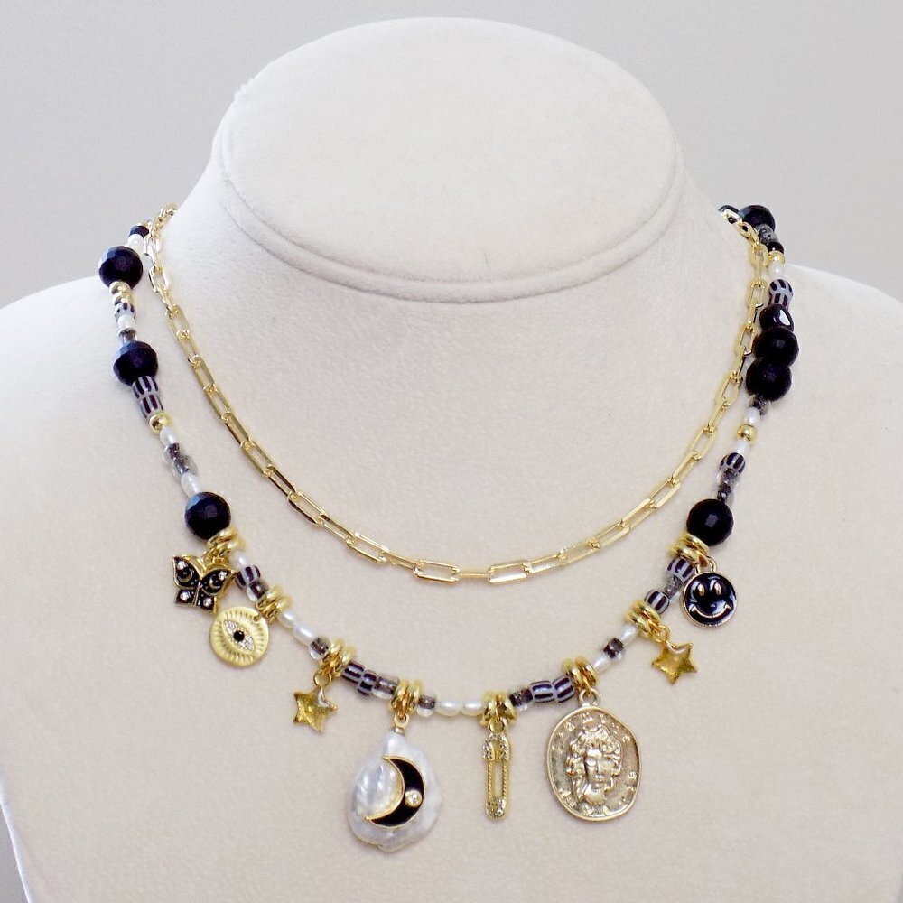 new! charm necklace beaded choker layered freshwater pearl paperclip link chain